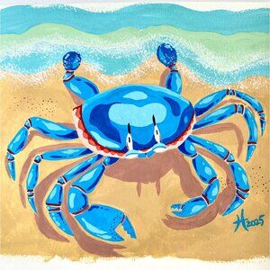 Illustrated Crab Original Gouache Painting 11x14in Mat Frame Ready Art